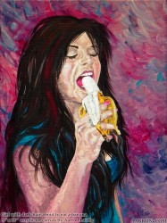 Girl with dark hair about to eat a banana acrylic painting on canvas by Aarron Laidig