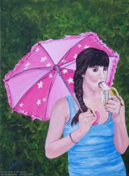 Girl with a pink umbrella eating a banana painting by Aarron Laidig