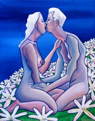 in the daisies romantic erotic fine art painting in the pop cubist erotic style by Aarron Laidig