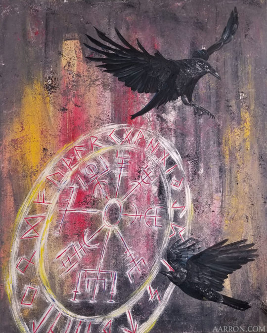 Hither Huginn Thither Muninn painting by Aarron Laidig. Odin's Ravens fine art painting 